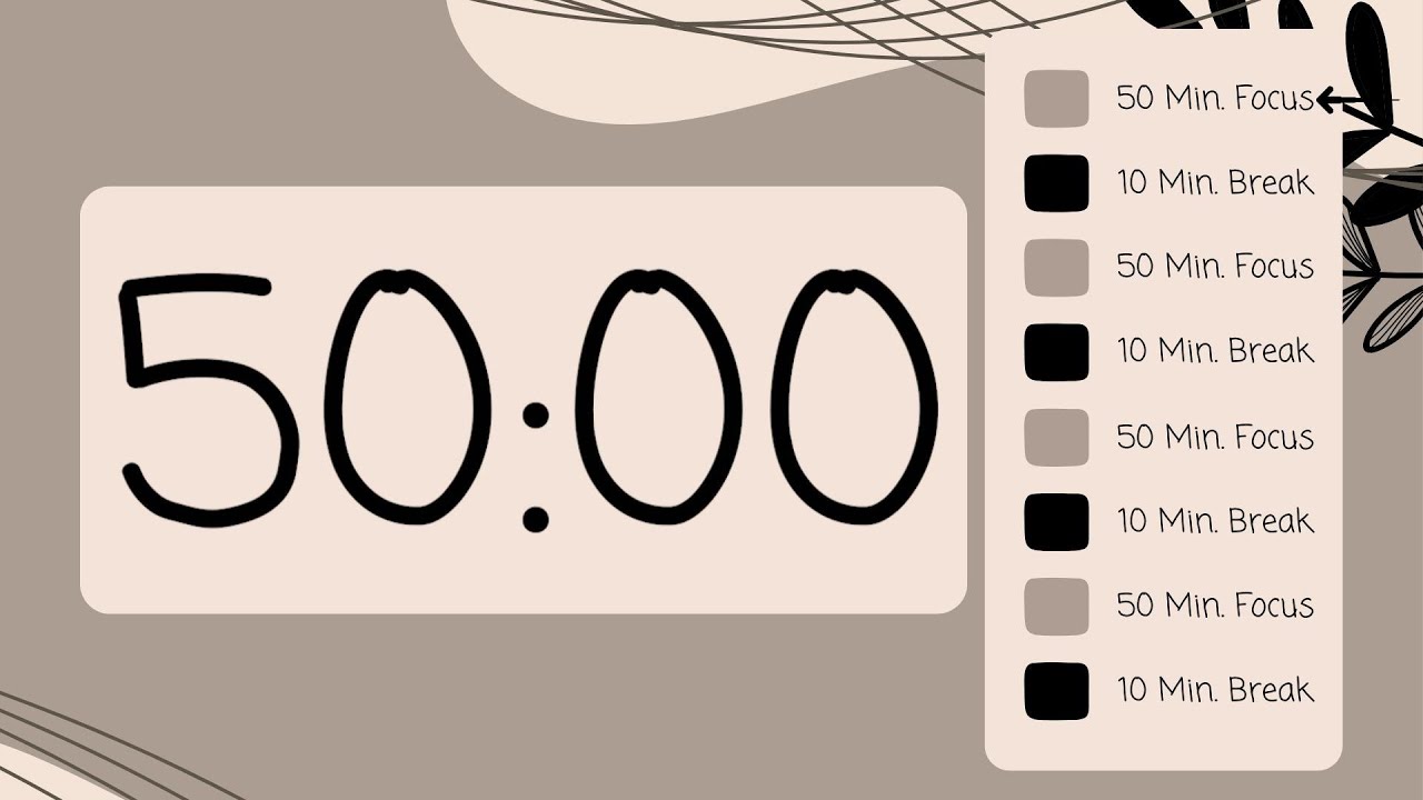 4 Hour Pomodoro Timer – 50/10 Sessions with Gentle Beeps ⏳✨