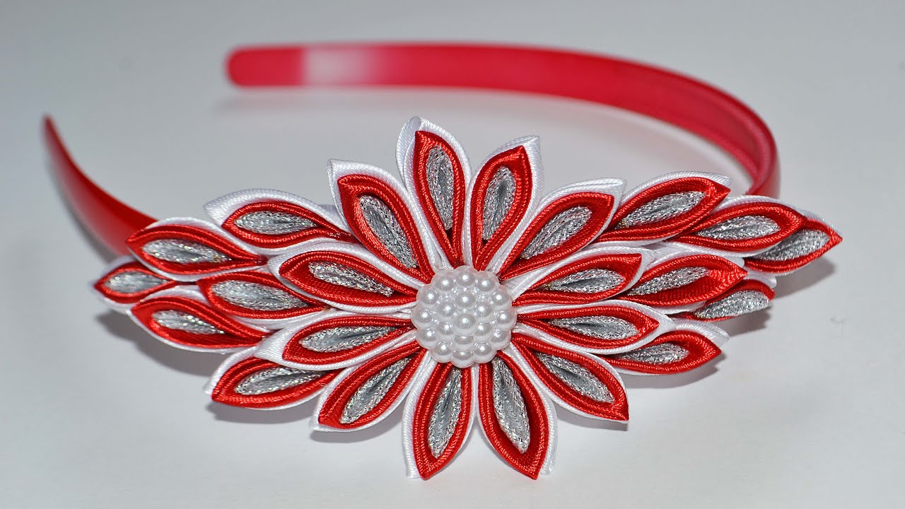 Цветок Канзаши на ободке. Мастер класс. DIY Kanzashi flower . Ribbon
