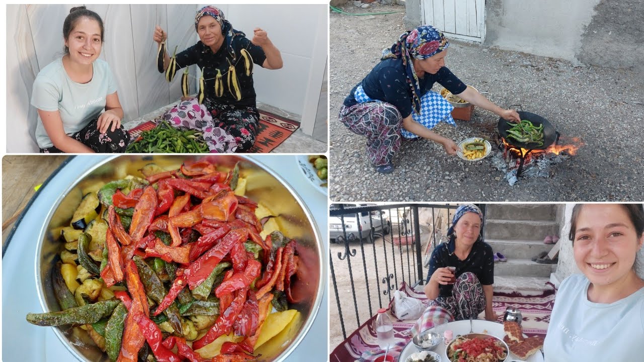 ODUN ATEŞİNDE, BOL ÇEŞİTLİ KIZARTMA🥔🌶🧅 İLK DEFA, KARNIYARIK PATLICAN KURUTUYORUM🍆AKŞAM YEMEĞİ✅