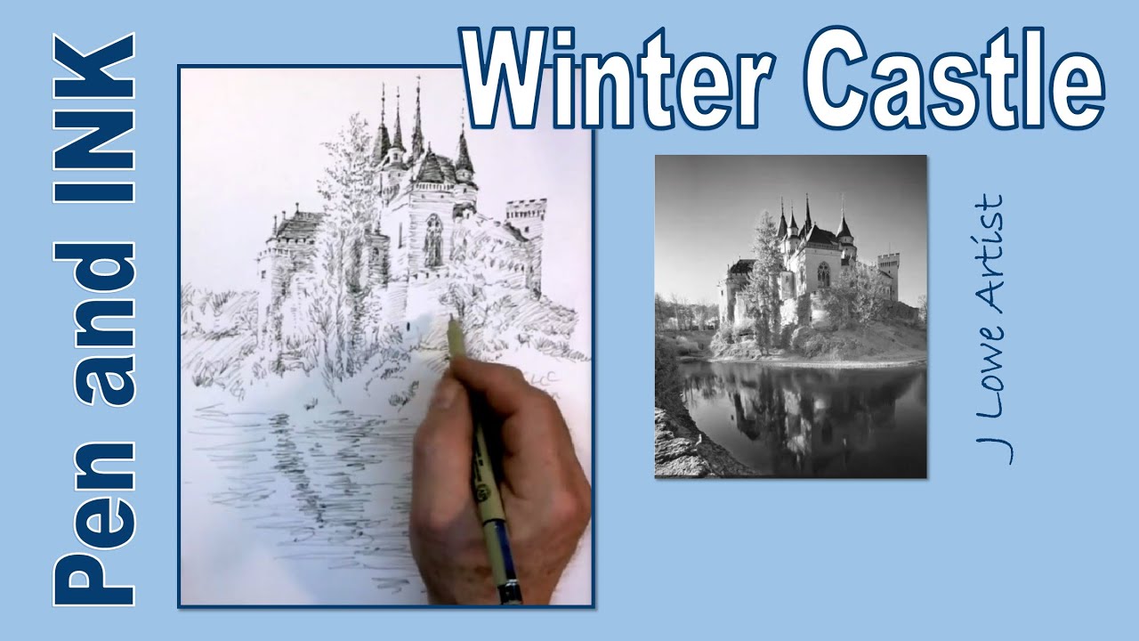 How to Draw a Castle in Winter, Pen and INK tutorial for beginner