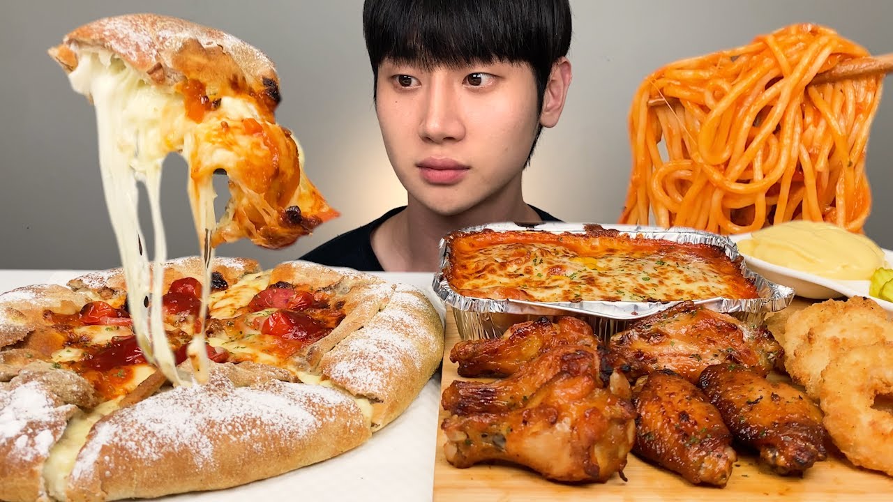 피자마루 치즈폭탄 리얼 시카고피자 & 치즈오븐스파게티, 로스트치킨 윙봉, 통새우링 먹방~! 리얼사운드 ASMR Cheese Chicago Pizza & Pasta MUKBANG