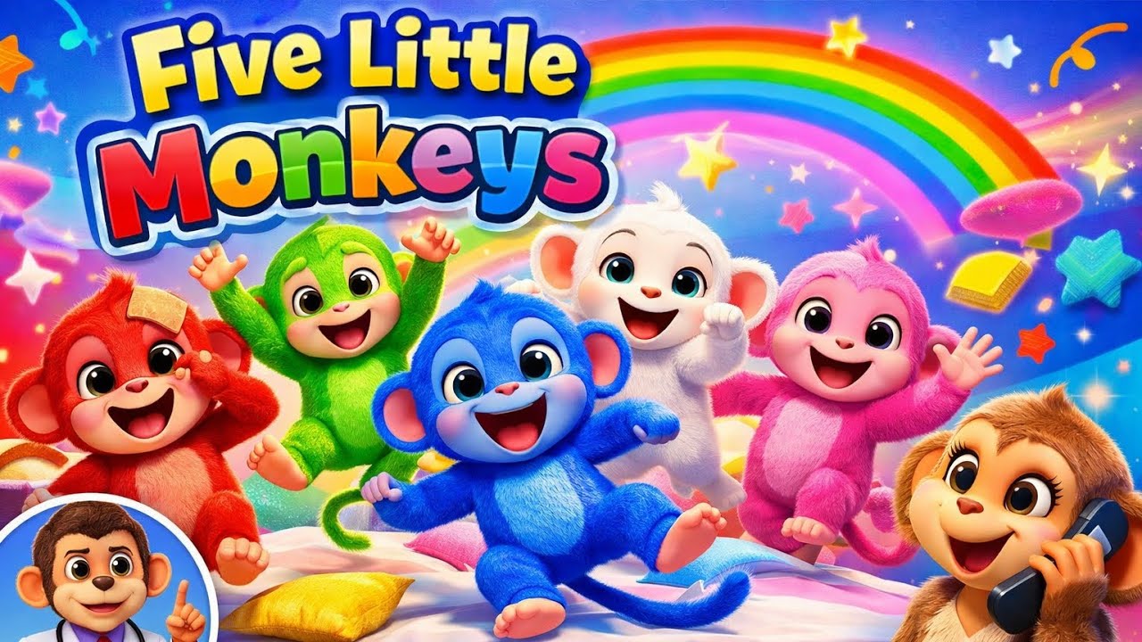 Five Little Monkeys Jumping on the Bed 🐵🌈 | 3D Colorful Nursery Rhyme Song for Kids