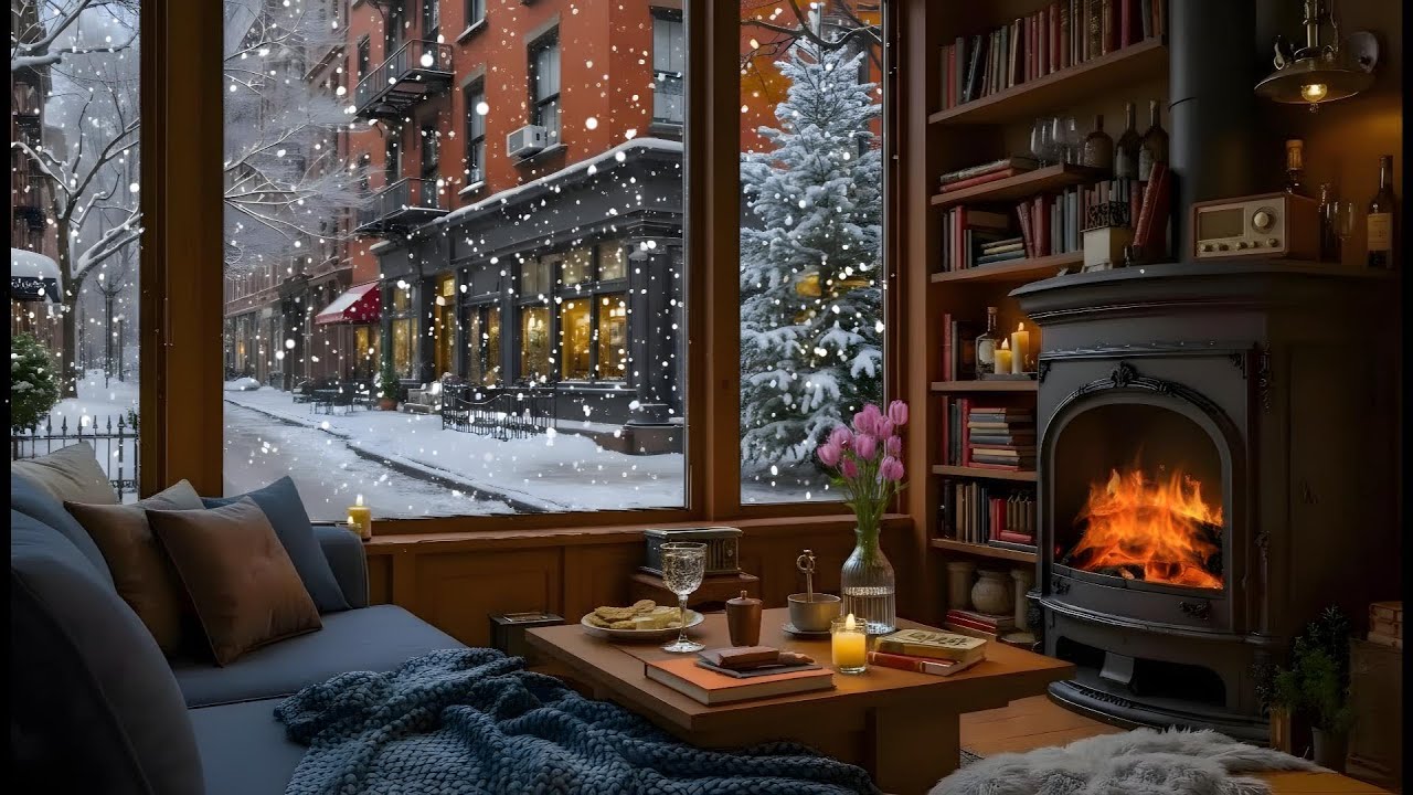 Winter Ambience Snowy at Cozy Coffeehouse ❄️  Soft Piano Jazz & Fireplace Sounds To Good Mood, Relax