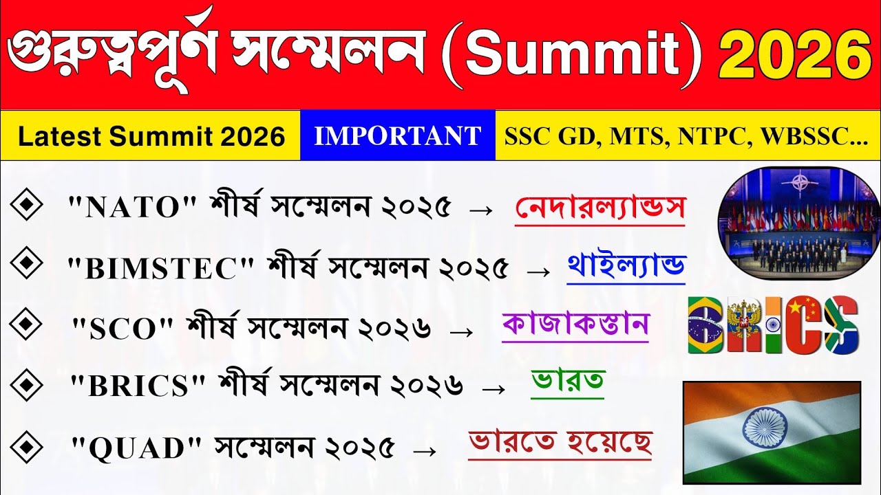 গুরুত্বপূর্ণ সম্মেলন 2026 🔥 Summit 2026 Current Affairs |Important Summit 2026 In Bengali SSC GD MTS