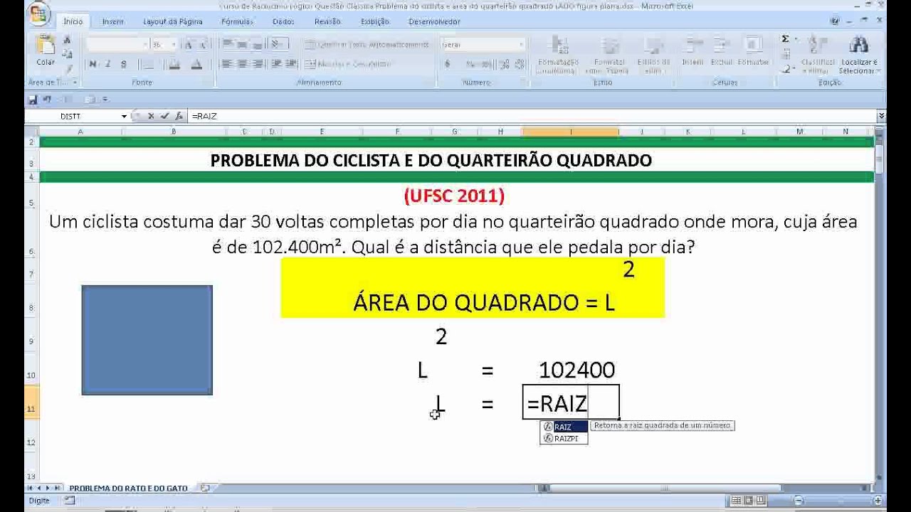Área do quarteirão quadrado Calculada a partir da velocidade do ciclista que o percorre