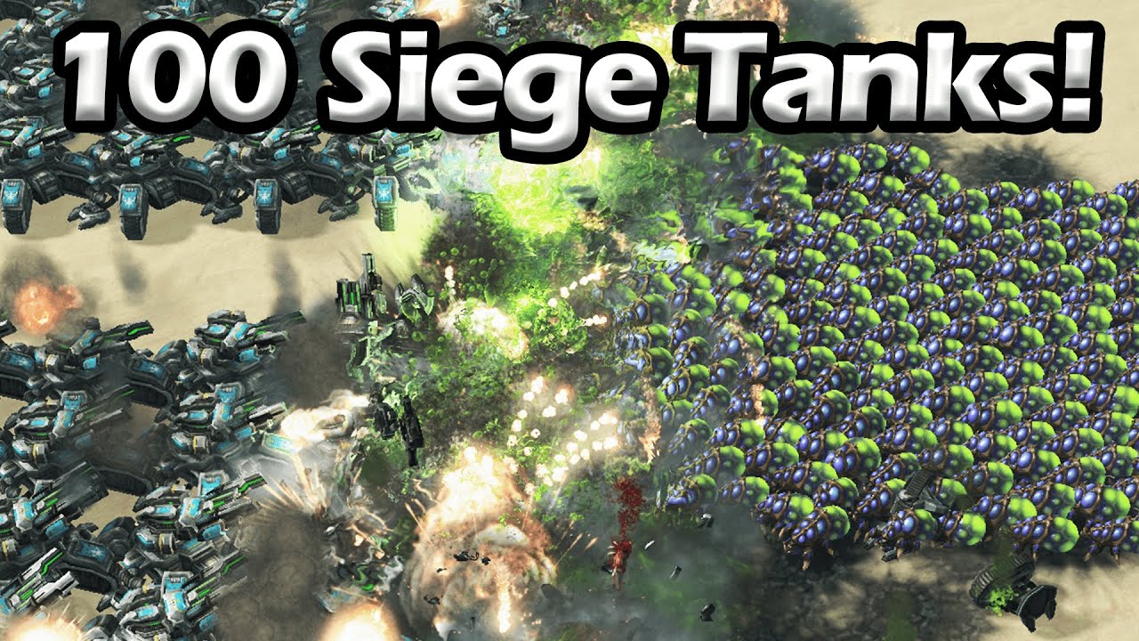 100 Siege Tanks VS 1000 Banelings, 1000 Marines, 1000 Zerglings, 1000 Ghosts in Starcraft 2