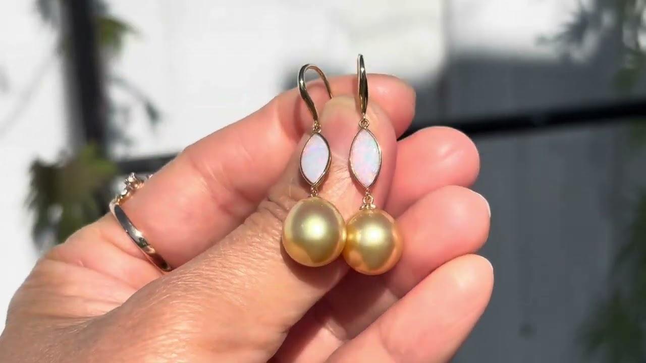 Australian gold pearl and Australian crystal opal 18K gold earrings