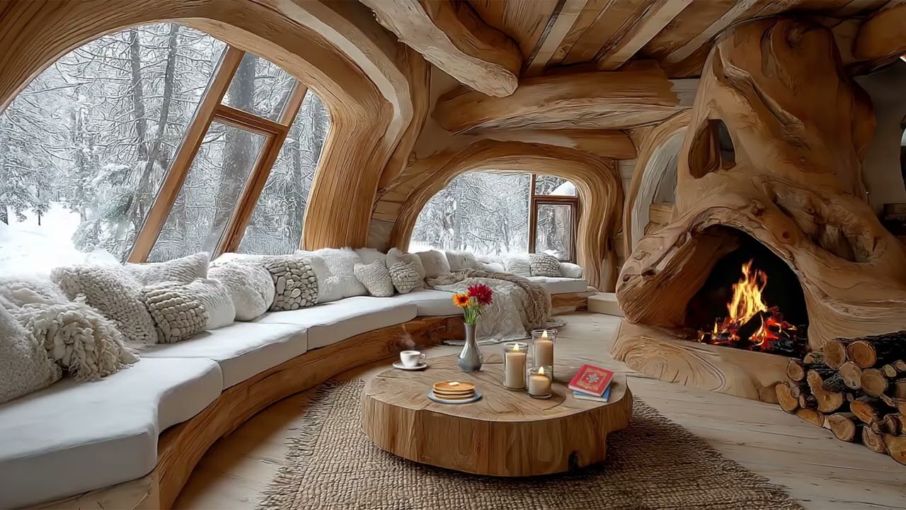 Cozy Cabin Ambience  🌹 Crackling Fireplace & Jazz Music 🎶