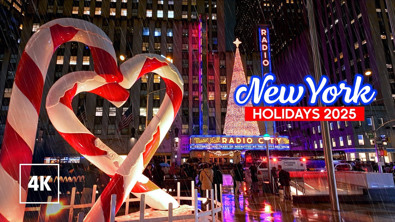 New York Christmas Walk Rainy Evening Walk in Midtown Manhattan