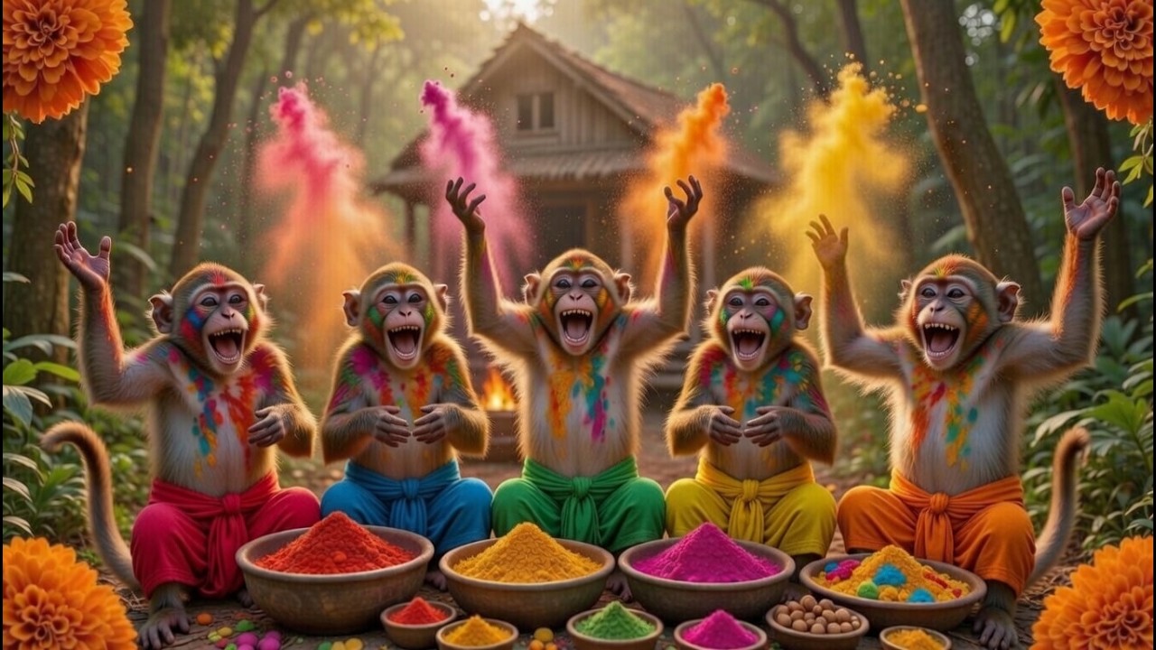 बंदरों की Flower Petal Holi 🌺 Monkeys Make Natural Colors & Forest Feast! | AI Cinematic 2026