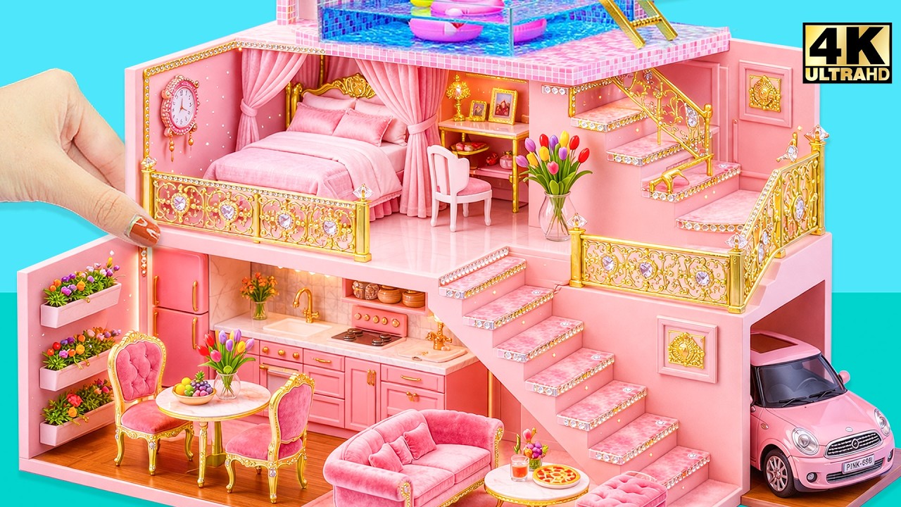 Created a Pink Dream Mansion With Hidden Garage & Pool Upstairs for Two 😱 DIY Miniature House