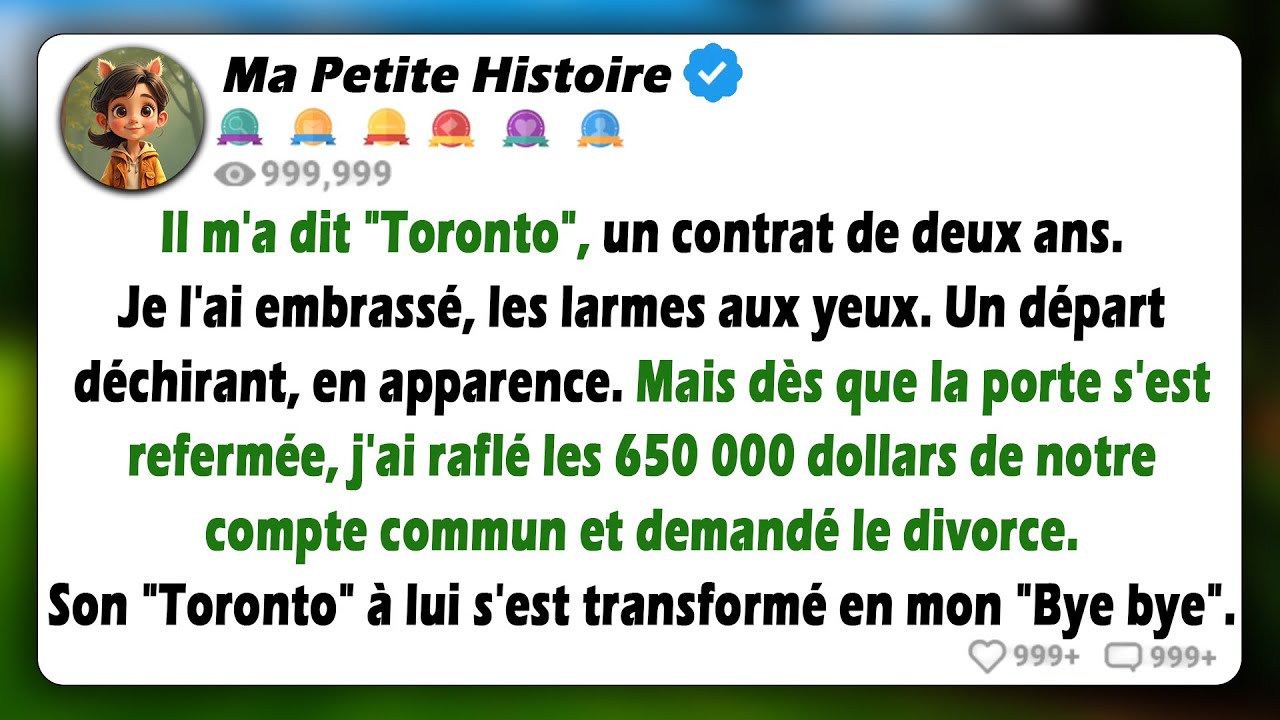 Mon mari est parti pour un travail de deux ans. J'ai feint de pleurer, j'ai pris nos 650 000 dollars