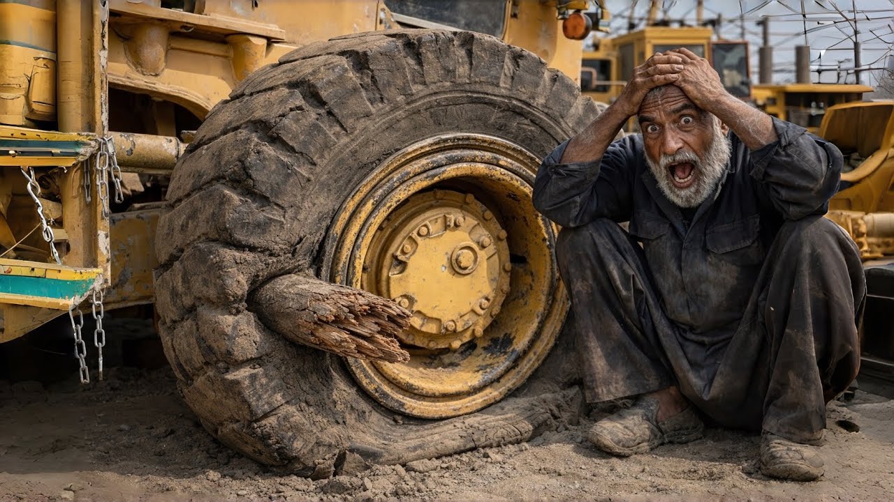 Sharp log pierced through giant loader tire and got stuck! | Unbelievable repair