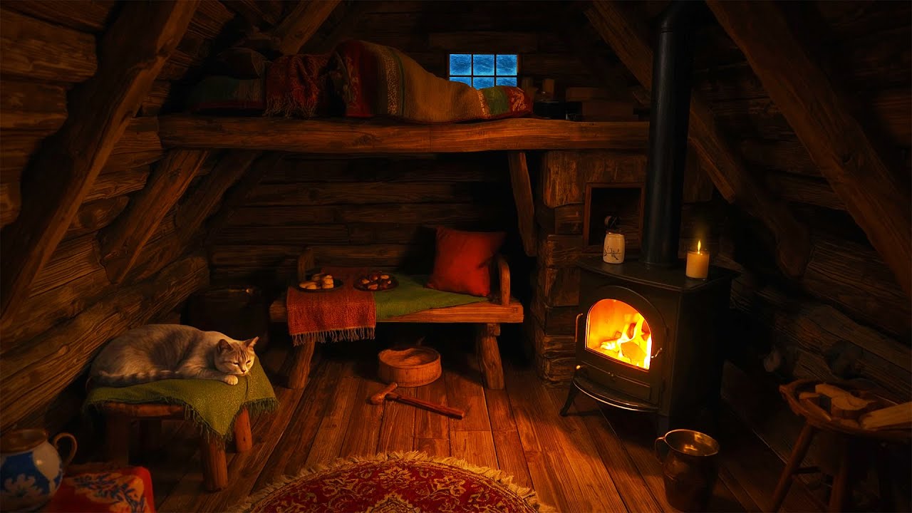 Deep Sleep in a Warm Attic Cabin &ndash; Blizzard, Fireplace Crackling, Cozy Cat Ambience for Fall Asleep