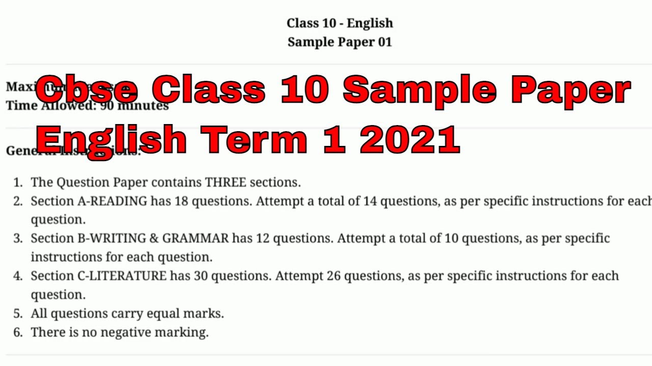 Cbse Class 10 English Sample Paper Term 1 2021