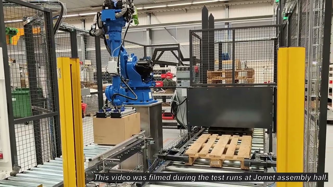 Jomet Dispack PGV & robot palletizer for bags with frozen vegetables