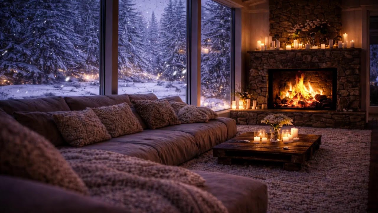 Cozy Snowy Cafe Ambience  Soft Jazz & Fireplace for Deep Relaxation