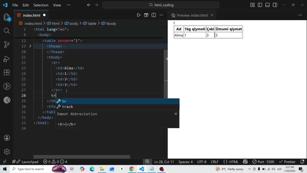 HTML də səhifəyə cədvəllər əlavə etmək