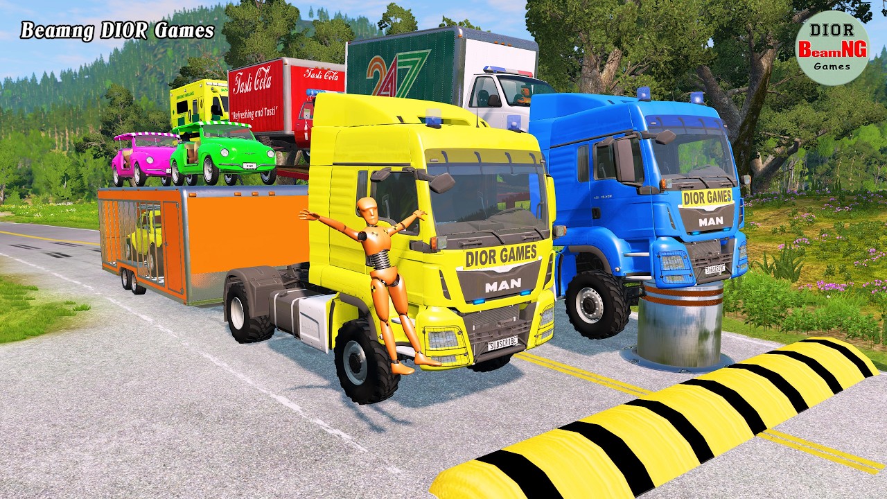 Double Flatbed Trailer Truck vs speed bumps|Busses vs speed bumps|Beamng Drive|1316