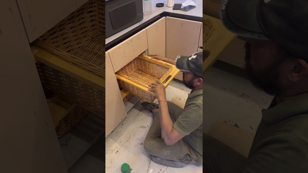 Wicker basket 🧺 installation in modular kitchen #shorts #modularkitchen #wickerbasket