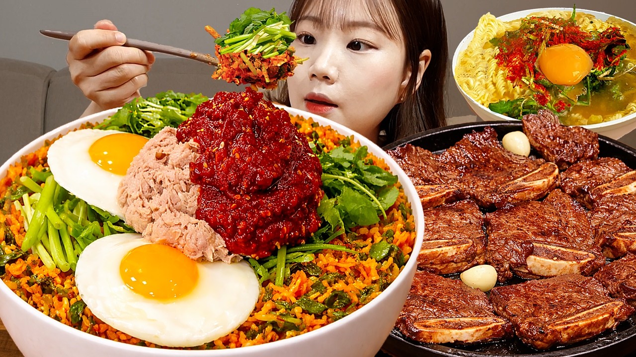 Sub)Cooking Mukbang- Бибимбап 🍳 Говяжьи ребрышки 🍖 Рамен 🍜 Жареный рис 🥘 ASMR KOREAN FOOD