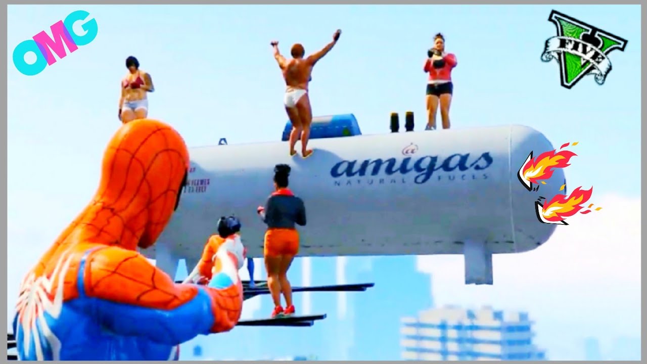 GTA 5 • Spiderman Ragdolls (mod) in the city - Jumps & Fails