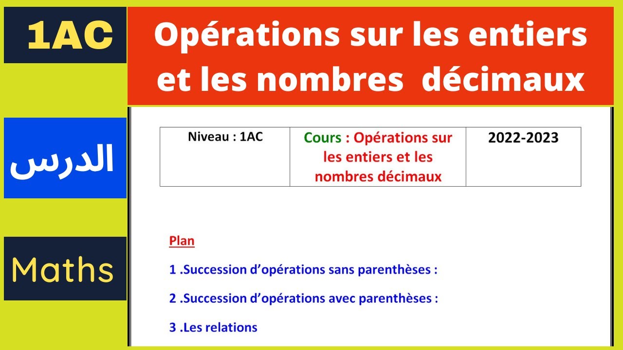 Maths: Cours- Les opérations sur les entiers et les nombres décimaux 1ère année collège. أولى إعدادي