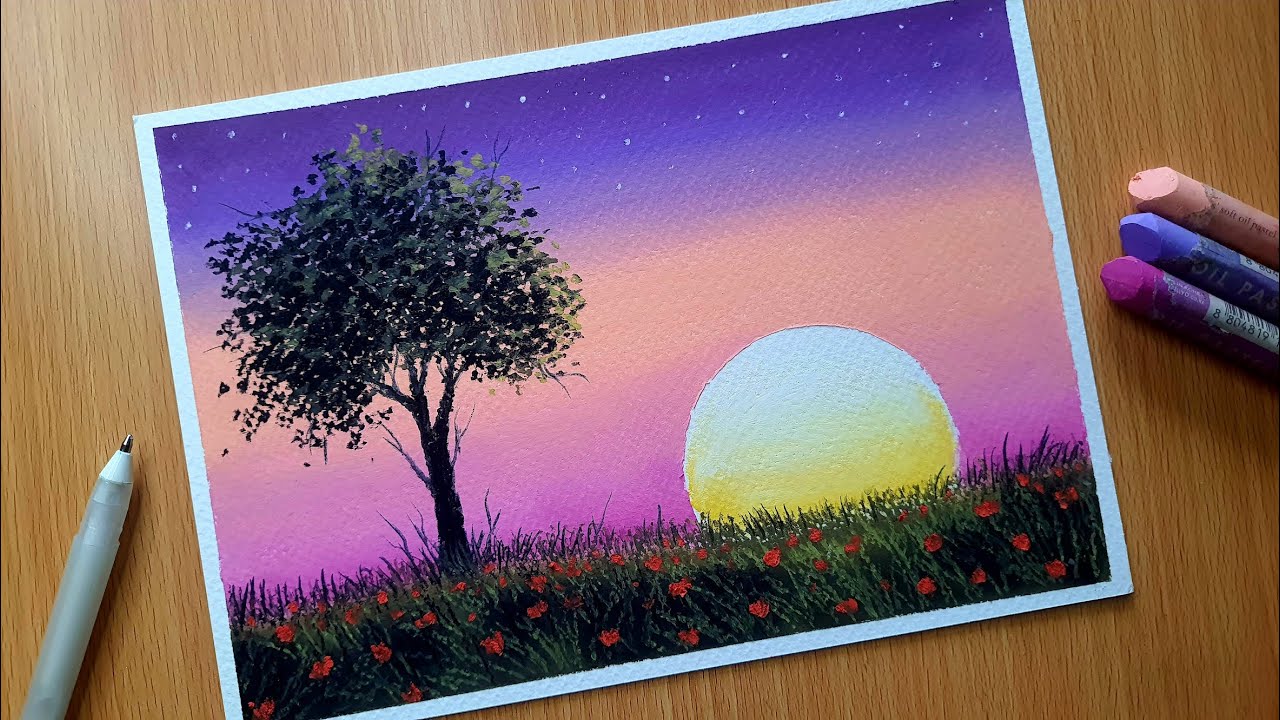 Oil Pastel Nature Drawing for Beginners / MAGIC OF SUNSET / Oil Pastel Scenery Landscape Drawing