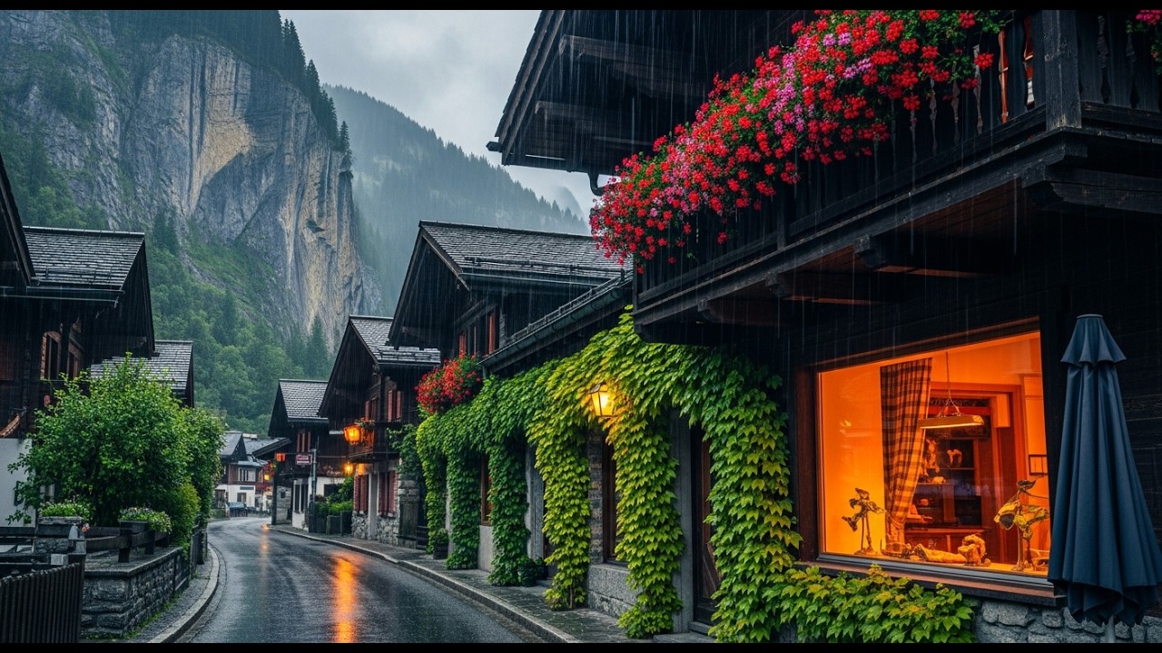 Swiss Village in Heavy Rain | Calm Walking Tour with Natural Rain Sounds