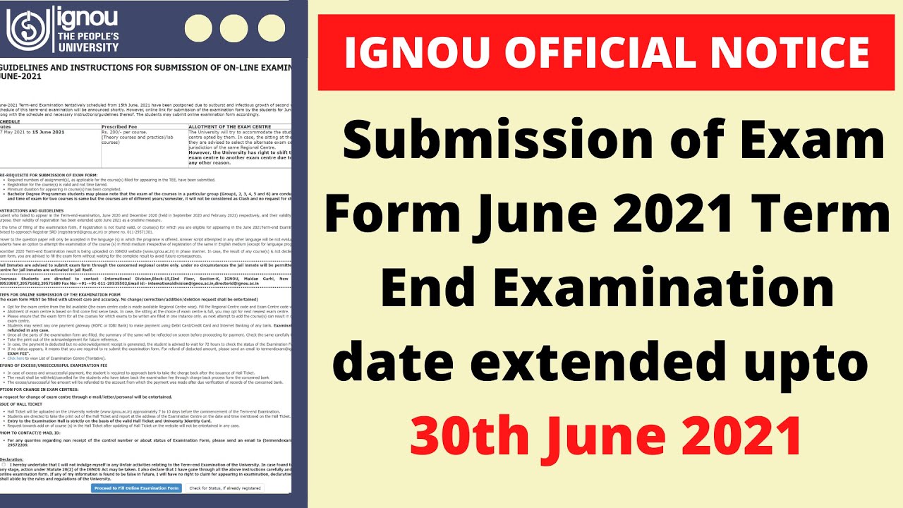 IGNOU June 2021 Exam Form Submission Last Date Extended upto 30 June 2021 | Official Notice