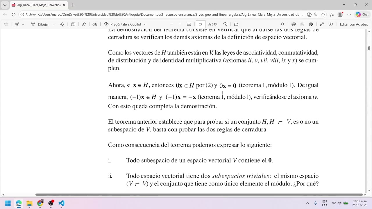 Cómo aprender sobre subespacios vectoriales de la mano de Clara Elena Mejía Laverde. Una lectura