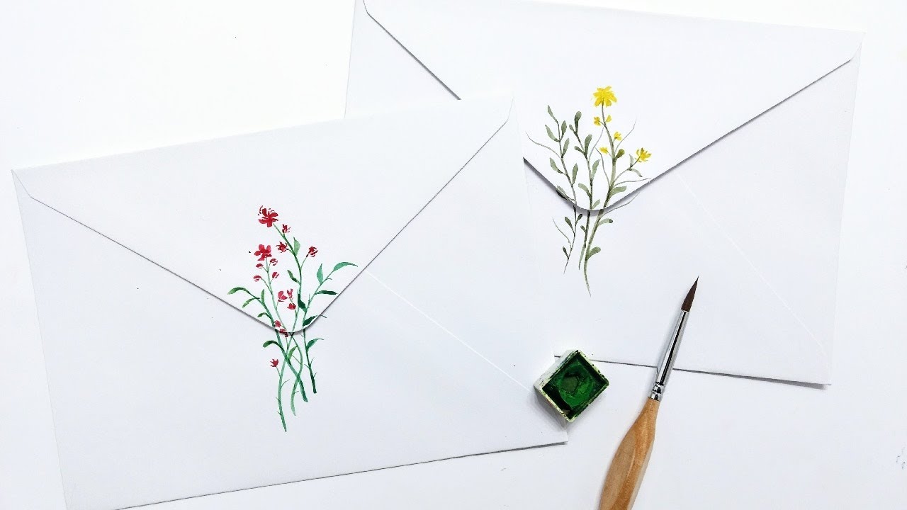 Easy WATERCOLOR decorated floral envelopes » How to paint colorful flowers for beginners