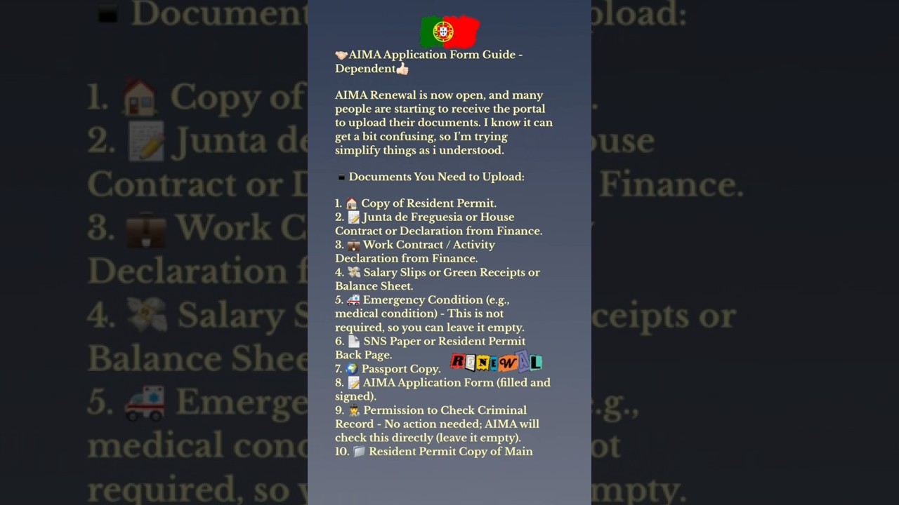 Portugal AIMA  Renew For Dependent | Don&rsquo;t Miss These 10 Documents 🇵🇹