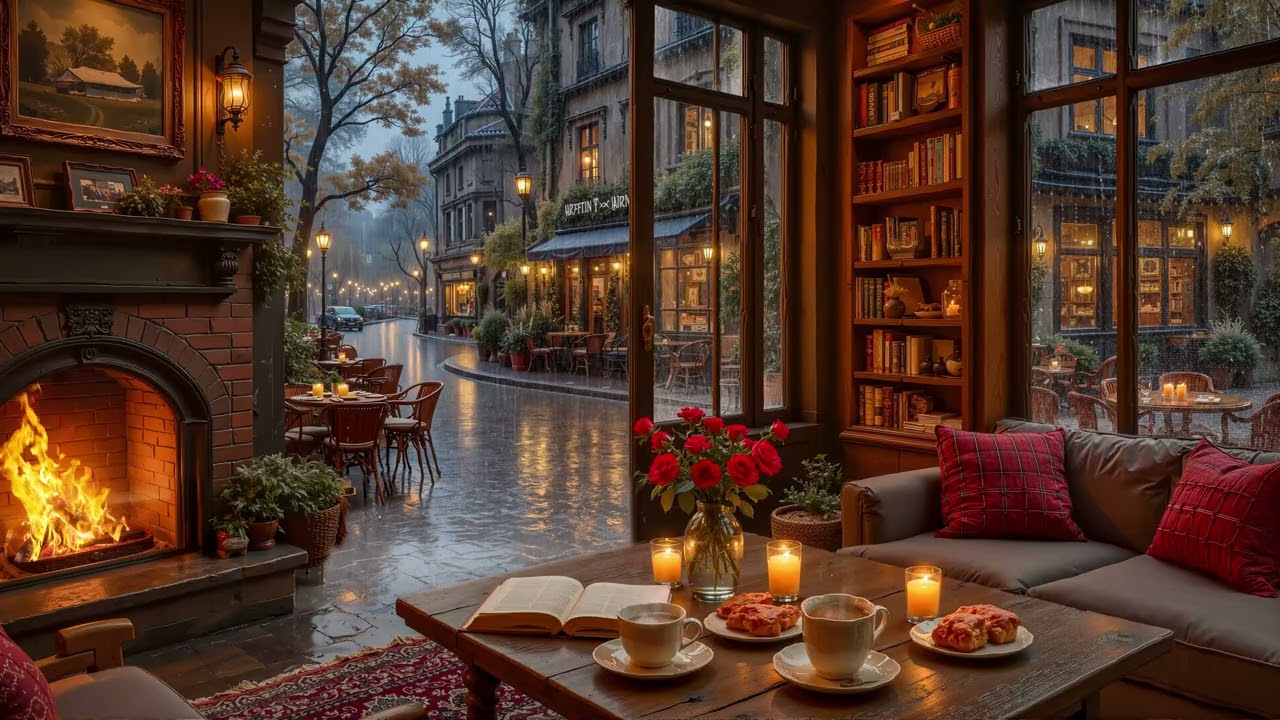 Cozy Rainy Night Jazz ☕ Fireplace Café Ambience with Soft Piano for Study, Relax & Deep Sleep