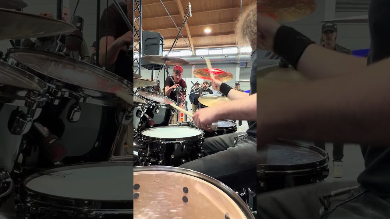 Michał Andrzejczyk (VADER/INSIDIUS). Performance at the Europe Drum show. Czarcie Kopyto stand.