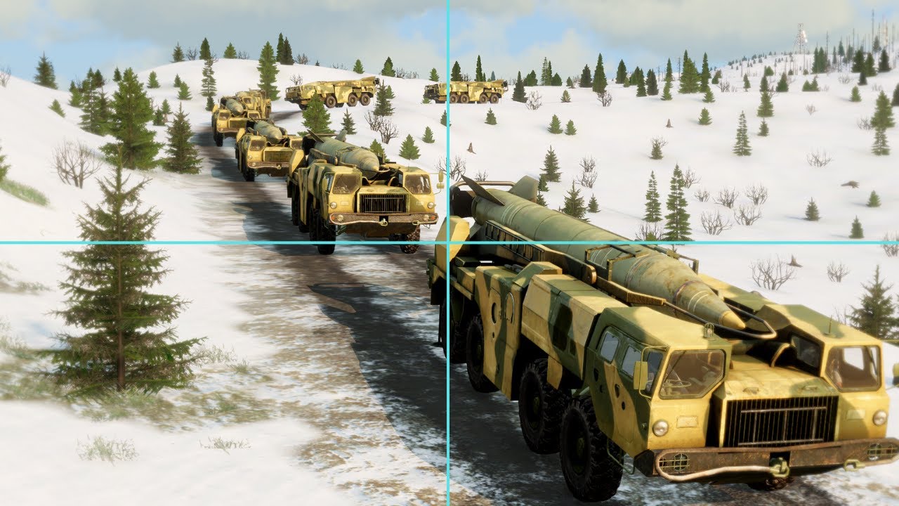 Russian Hypersonic Missile Moving Down Steep Frozen Mountain Road Hit by Missile