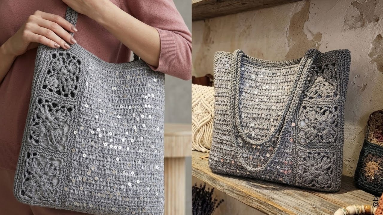 🧶 Мастер-класс: повседневная вязаная сумка с пайетками | Элегантная сумка-тоут из бумажной пряжи ...
