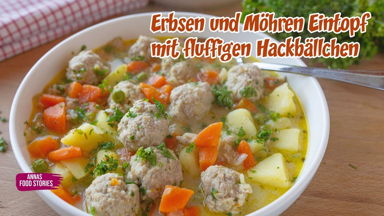 Erbsen und Möhren Eintopf mit fluffigen Hackbällchen 😋 - einfach und lecker - Mittagessen Rezept