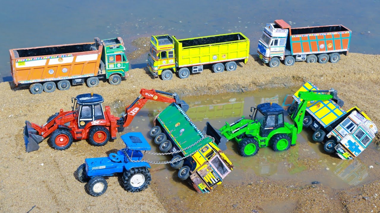 BharatBenz Mahindra Tipper Tata Dumper Accident Sand River Pulling 2 JCB 2 Tractor ?Cartoon | CS Toy