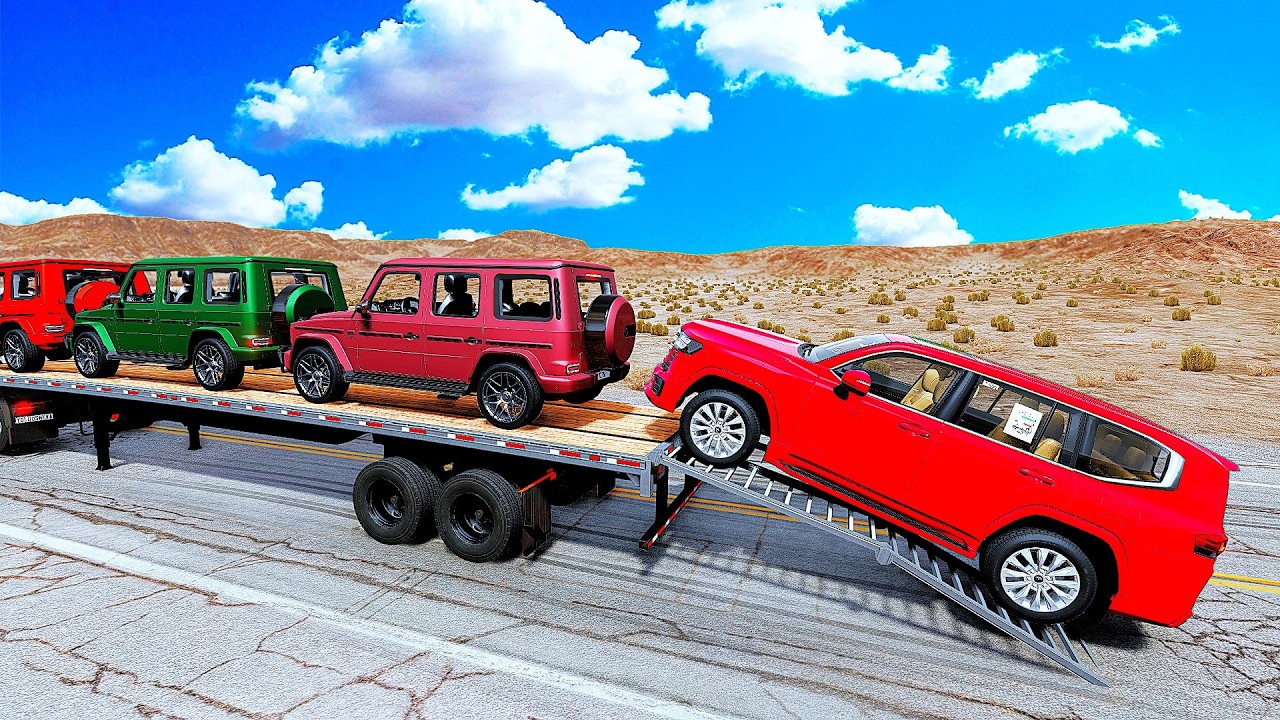 Four Trucks Transporting cars with Flatbed Trailers | Cars vs Speedbump vs Train vs Pothole #000