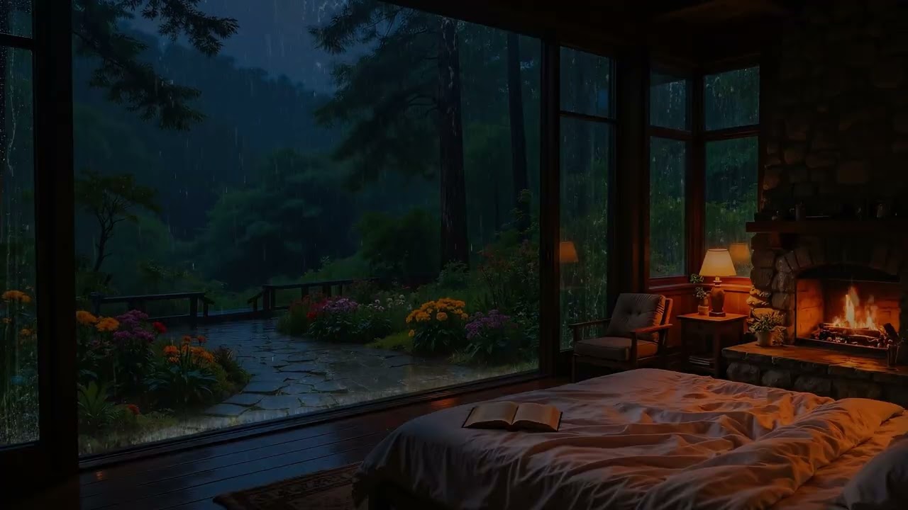 Soft Rainfall in a Tranquil Garden | Calm Dark Bedroom Ambience & Soft Piano for Deep Sleep