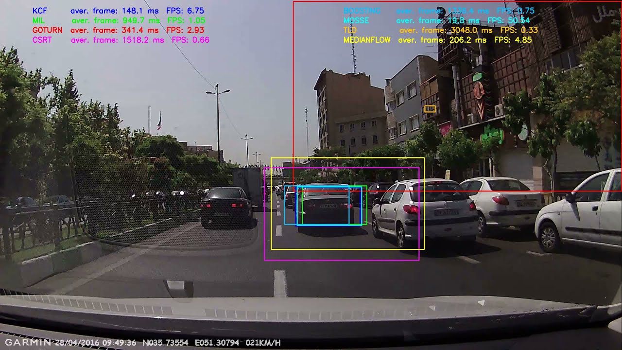 OpenCV 4.5.2 all tracking algorithms test. #2 from ##. Car tracking in city traffic.