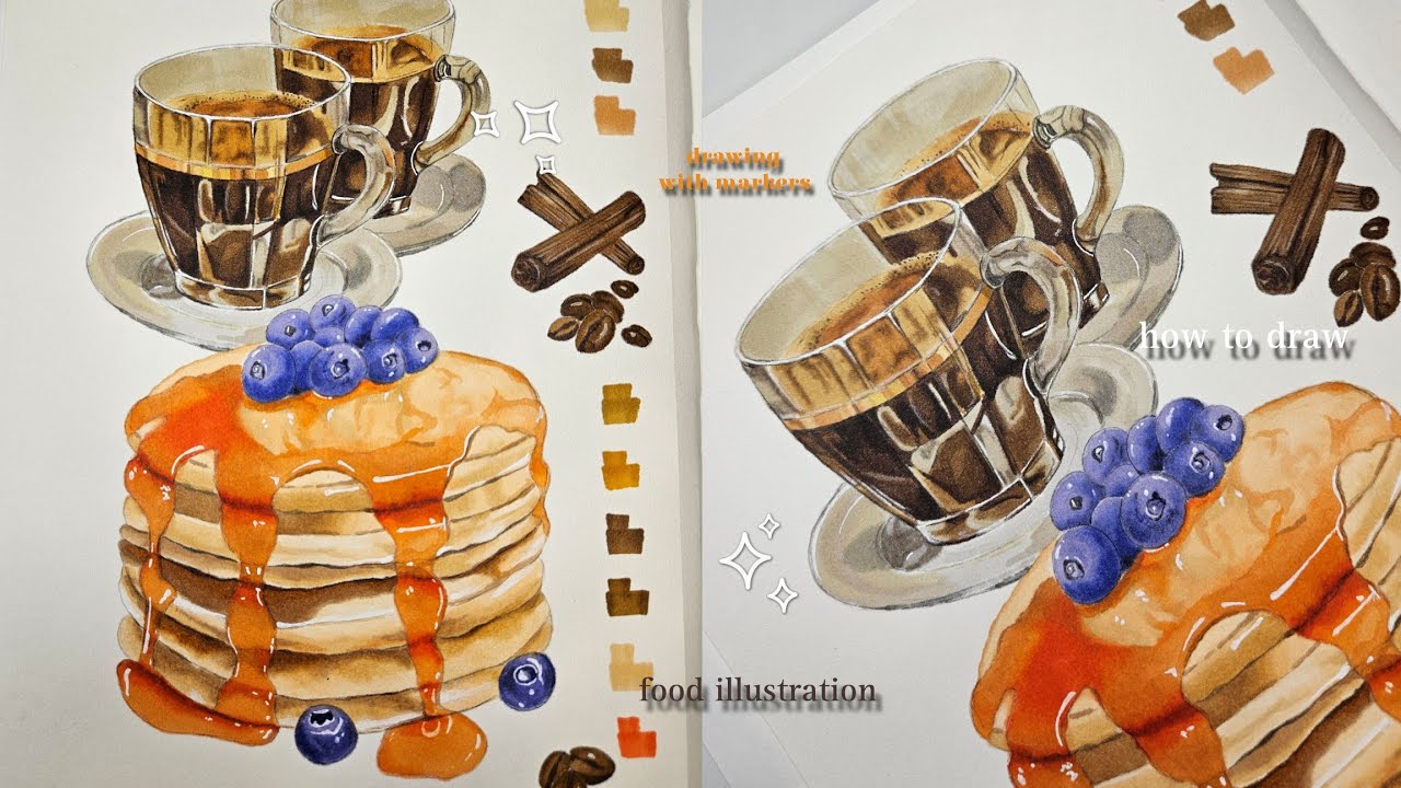 how to draw step by step, food illustration 🥞☕️✨️ drawing with markers | (took me 8 hours) 🧇🥐