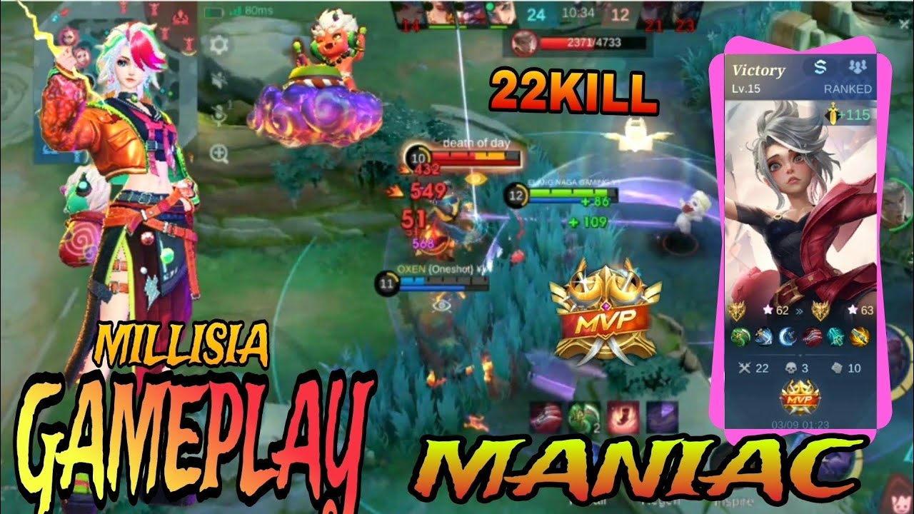 22 KILL + MANIAC...! MILLISIA POWERFULL BUILD..! AND ..GOOD ROTATION...! GAMEPLAY...~(MLBB)