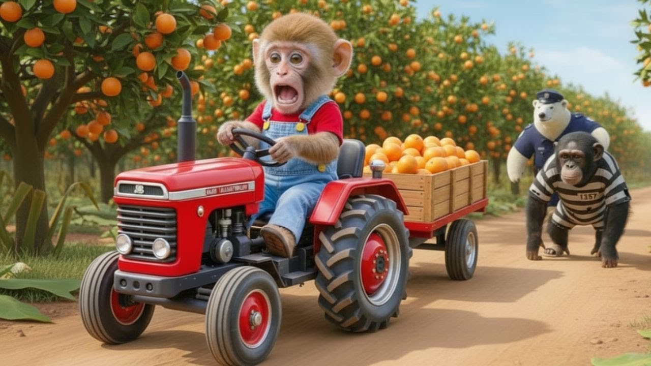 Brave Monkey Drives a Tractor Full of Oranges as Police Chase the Thief.