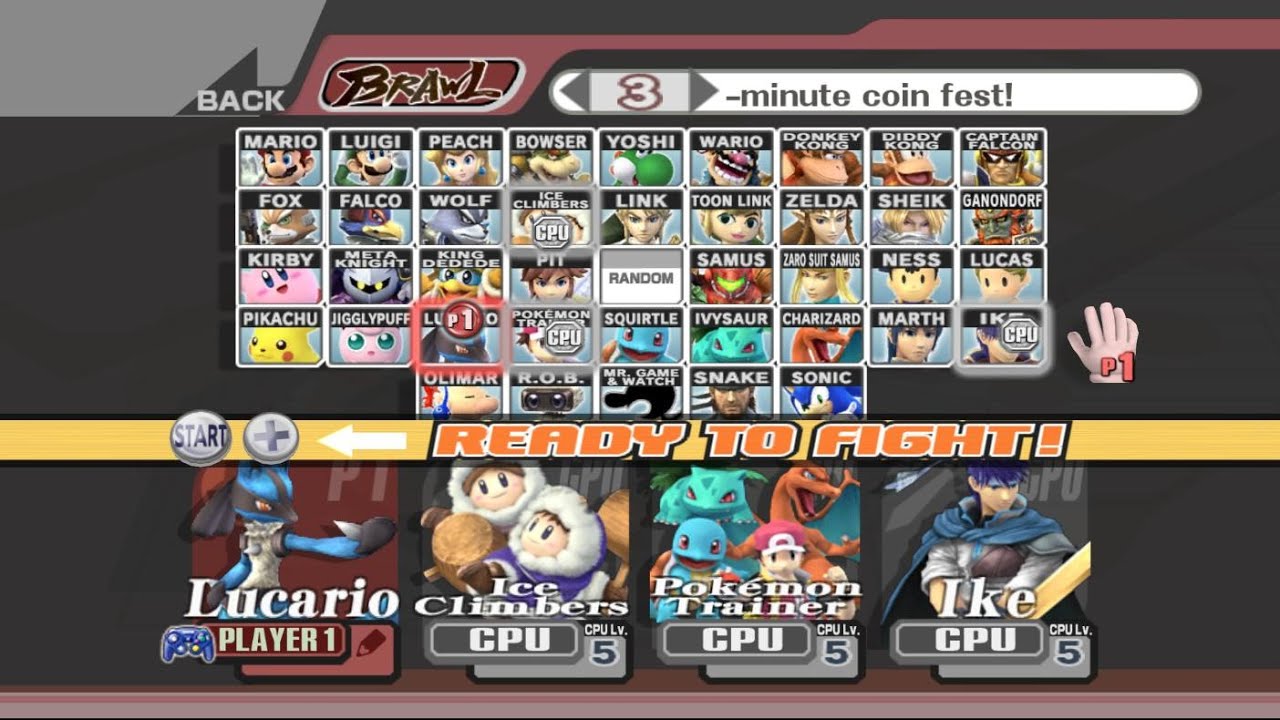 Lucario VS Ice Climbers VS Pokemon Trainer VS Ike | 3 Min Coin | Super Smash Bros Brawl Fight 394