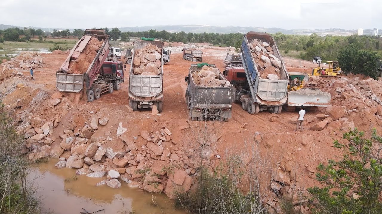 Amazing Operation! Large Filling Up The Land Project With Mountain Stones Process With Many Trucks,,