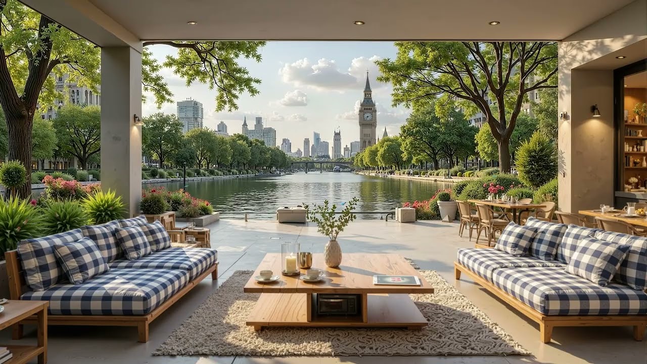 Elegant London Riverside Café for Focus & Calm Work | Tranquil Quiet Jazz Music for Relaxing Mood