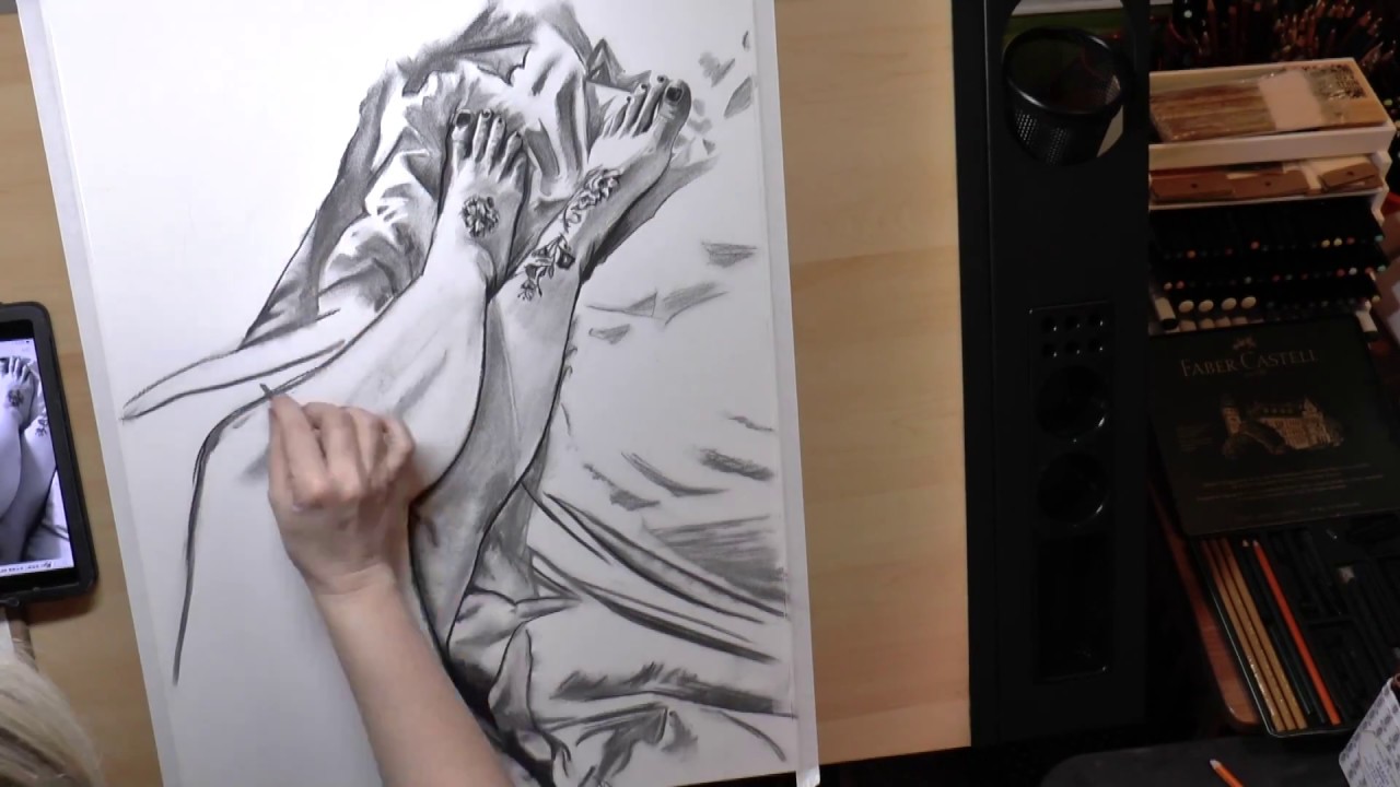 Time Lapse Drawing My Feet & Legs with Charcoal