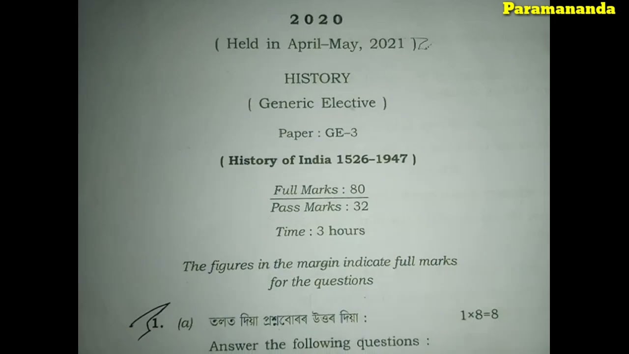 History qustion paper B.A 3 sem 2020 Pass course history generic elective paper : GE-3